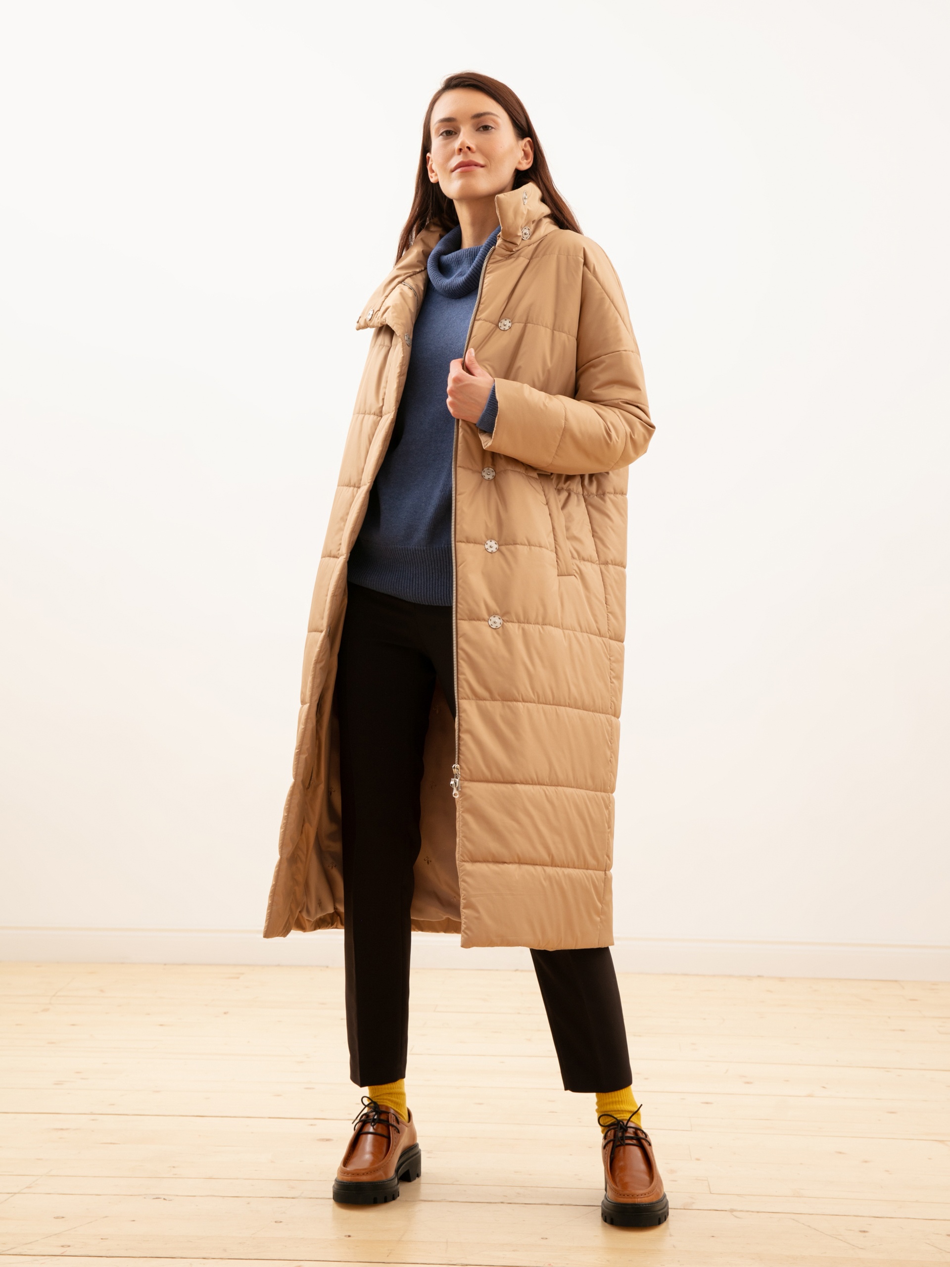 Утепленное стеганое пальто с мембраной Pompa бежевого цвета