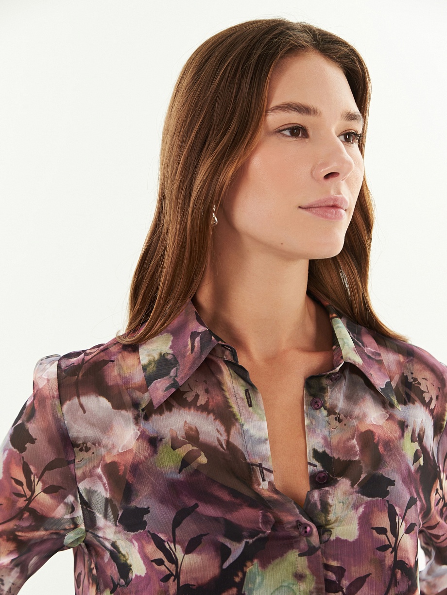 Прямая блуза из тонкого шифона с растительным принтом