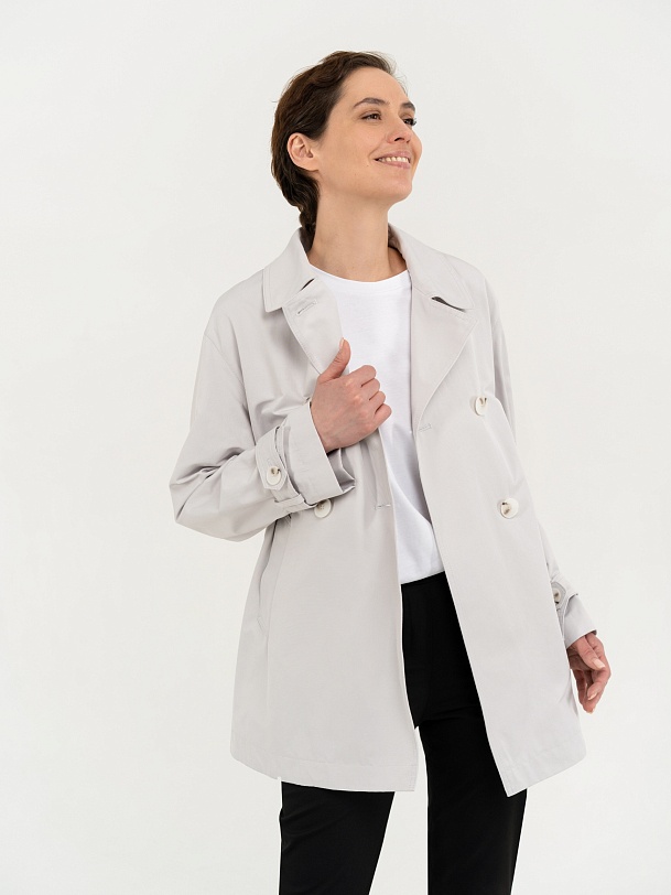 Двубортная куртка-тренч светло-серая