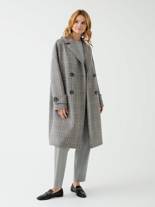 Шерстяное пальто двубортное в клетку