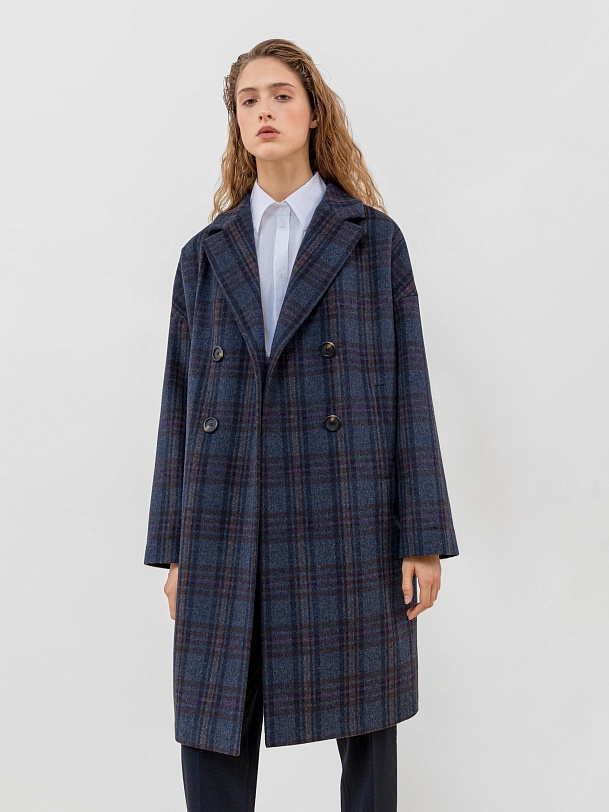 Двубортное шерстяное пальто в клетку с мембраной