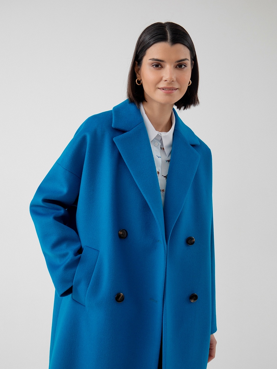 Двубортное шерстяное пальто прямого силуэта из премиальной шерстяной ткани