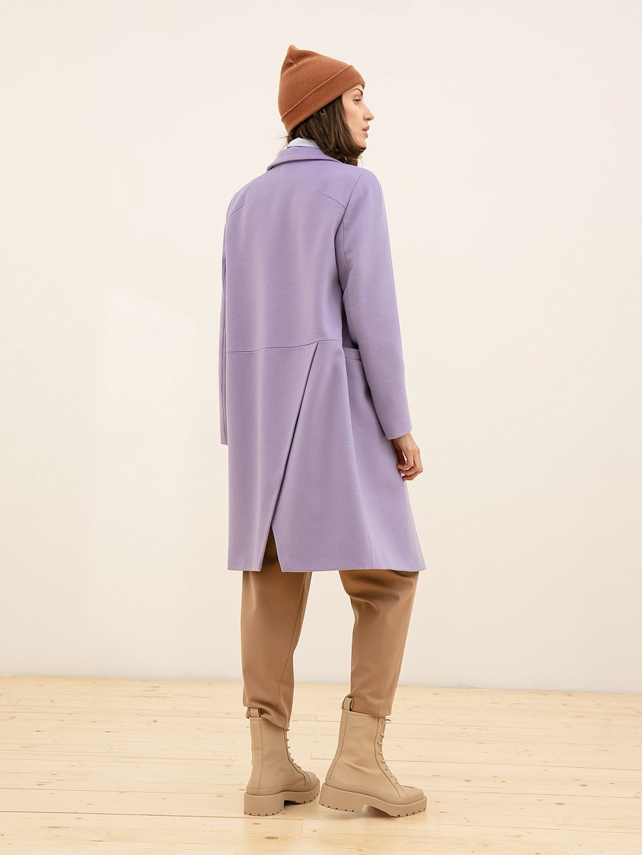 Шерстяное пальто сиреневое с асимметричной деталью