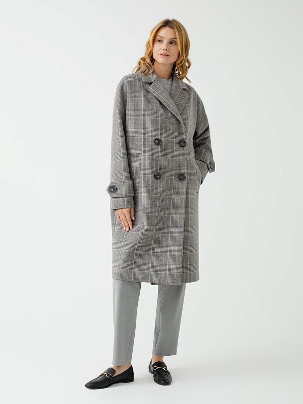 Шерстяное пальто двубортное в клетку