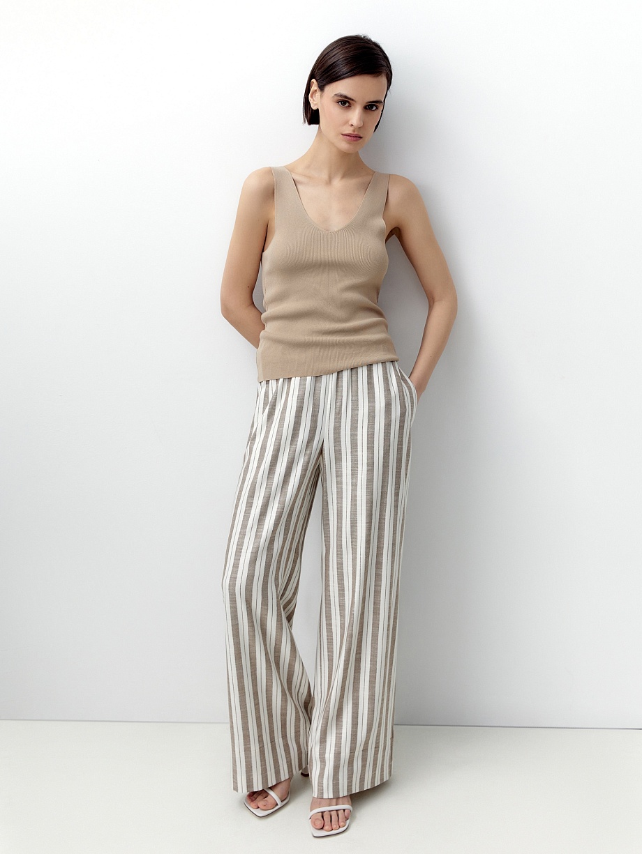 Летние брюки в полоску с поясом на резинке