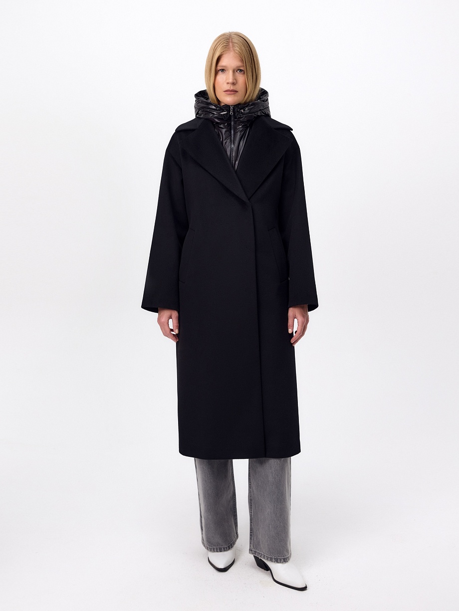 Пальто из 100% шерсти с мембраной, утеплённой спинкой и съёмным капюшоном