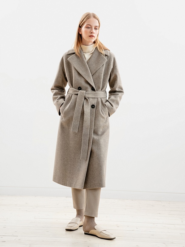Двубортное шерстяное пальто с поясом и мембраной