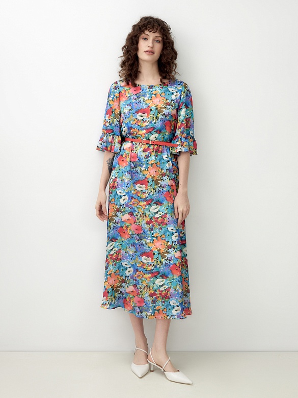 Платье-трапеция в ярком цветочном принте с поясом POMPA арт.3137810bf0490