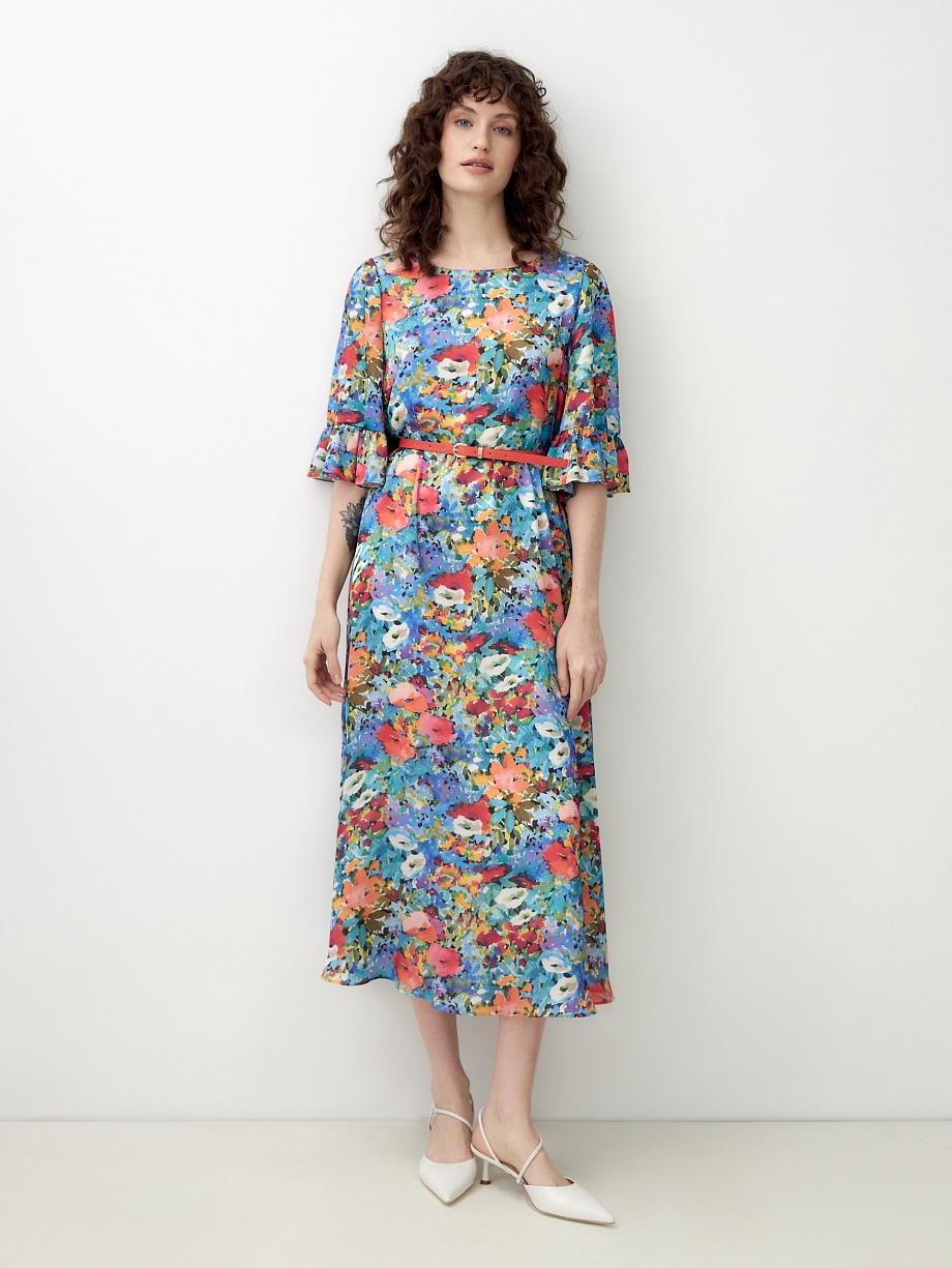 Платье-трапеция в ярком цветочном принте с поясом