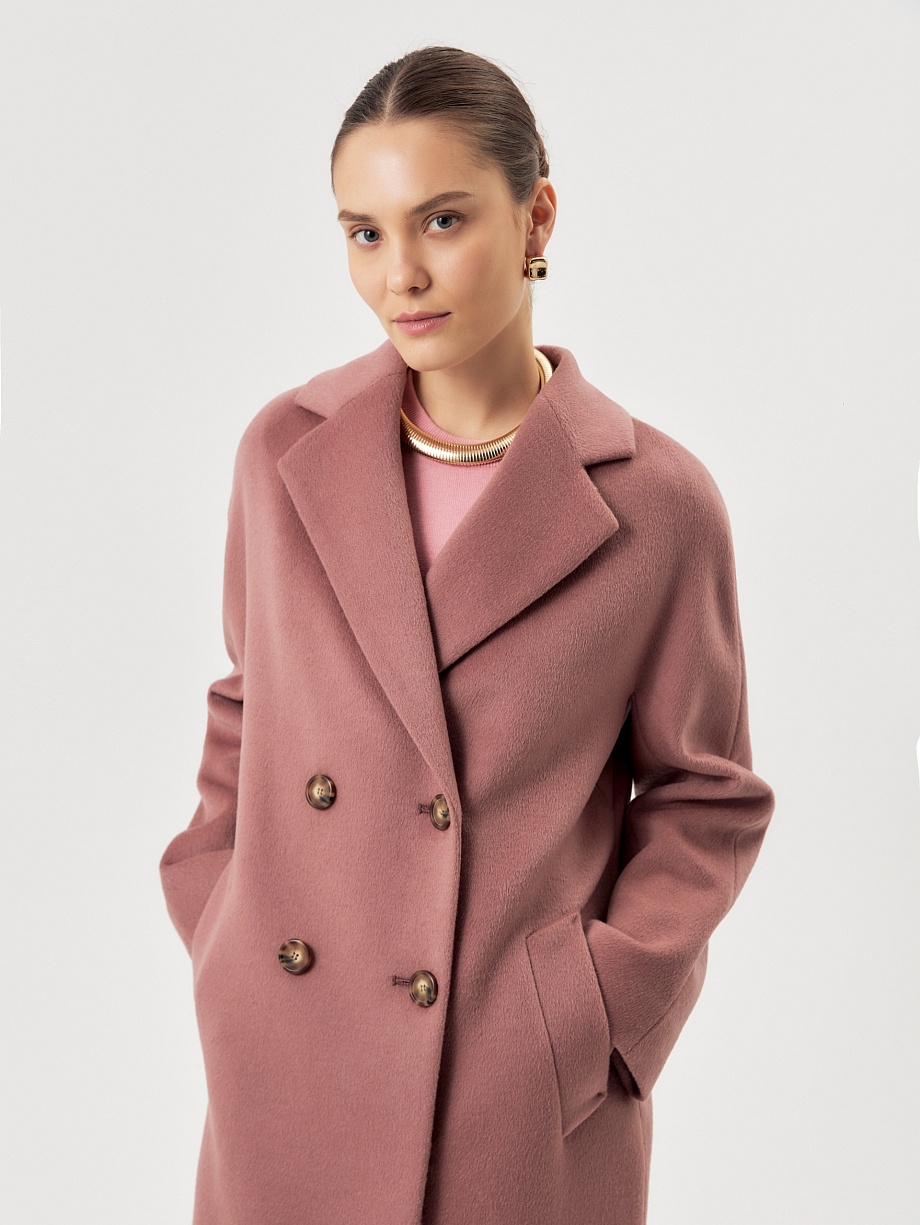 Двубортное шерстяное пальто силуэта удлиненый кокон