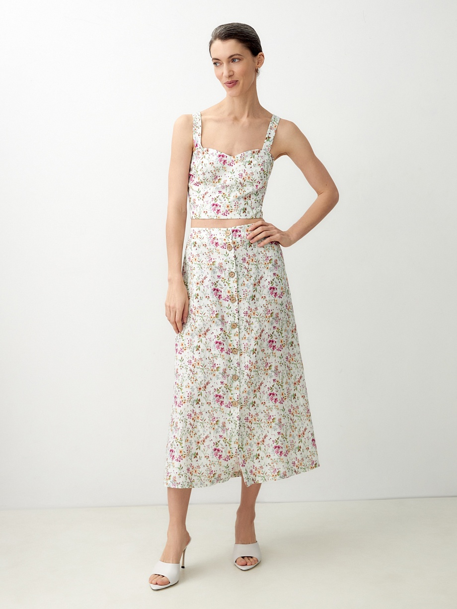 Юбка-трапеция из хлопка и льна на пуговицах