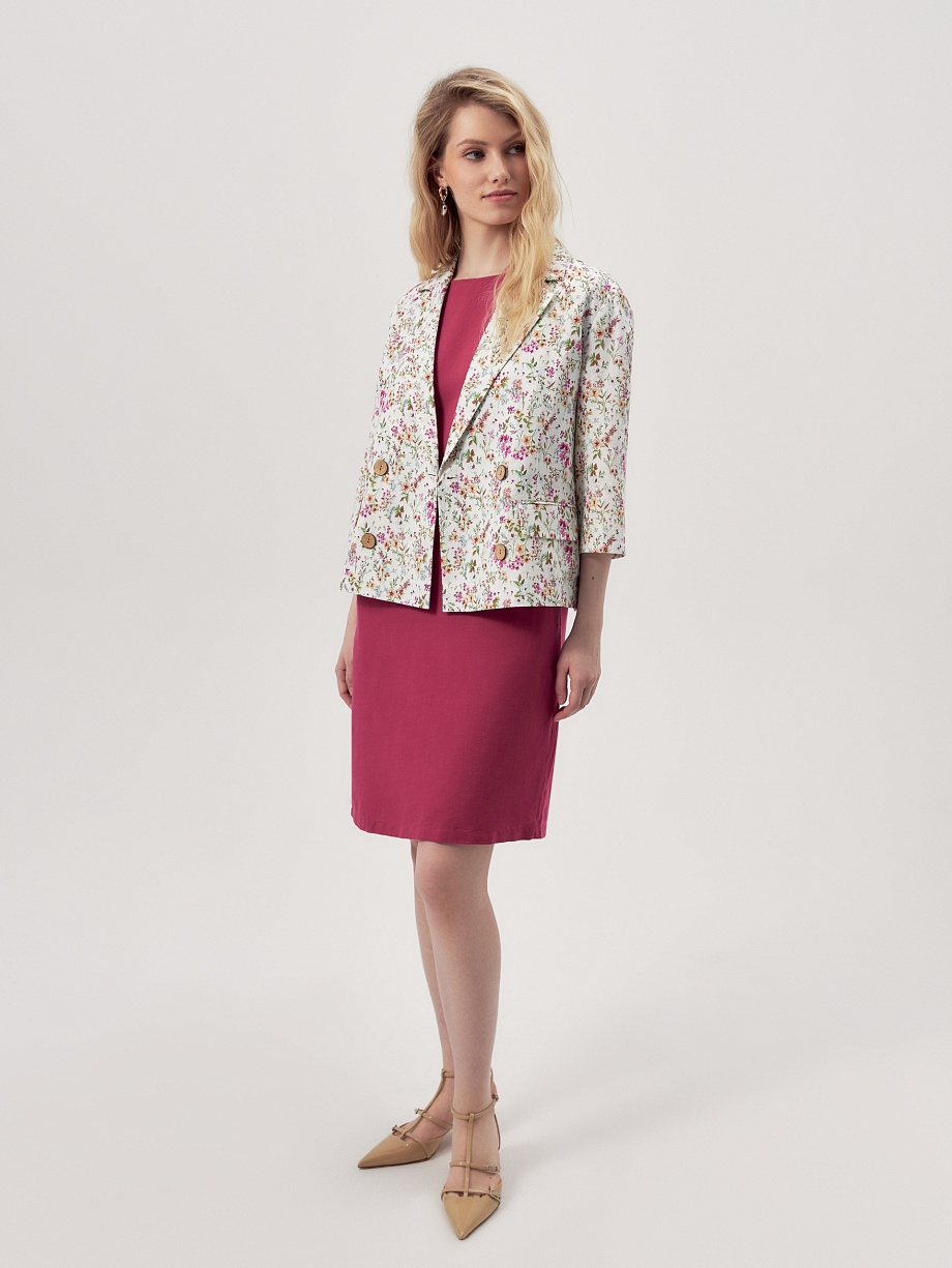 Укороченный двубортный жакет из хлопка и льна