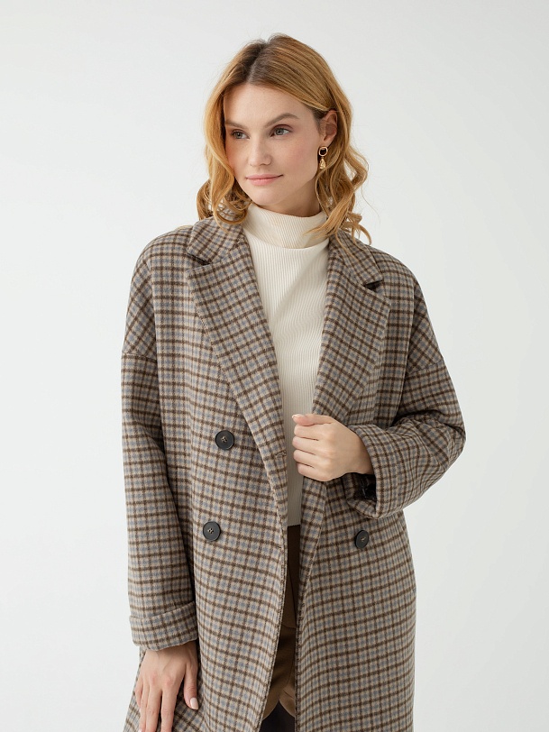 Двубортное шерстяное пальто в клетку с мембраной