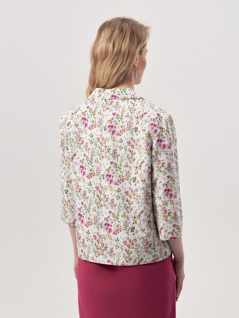 Укороченный двубортный жакет из хлопка и льна