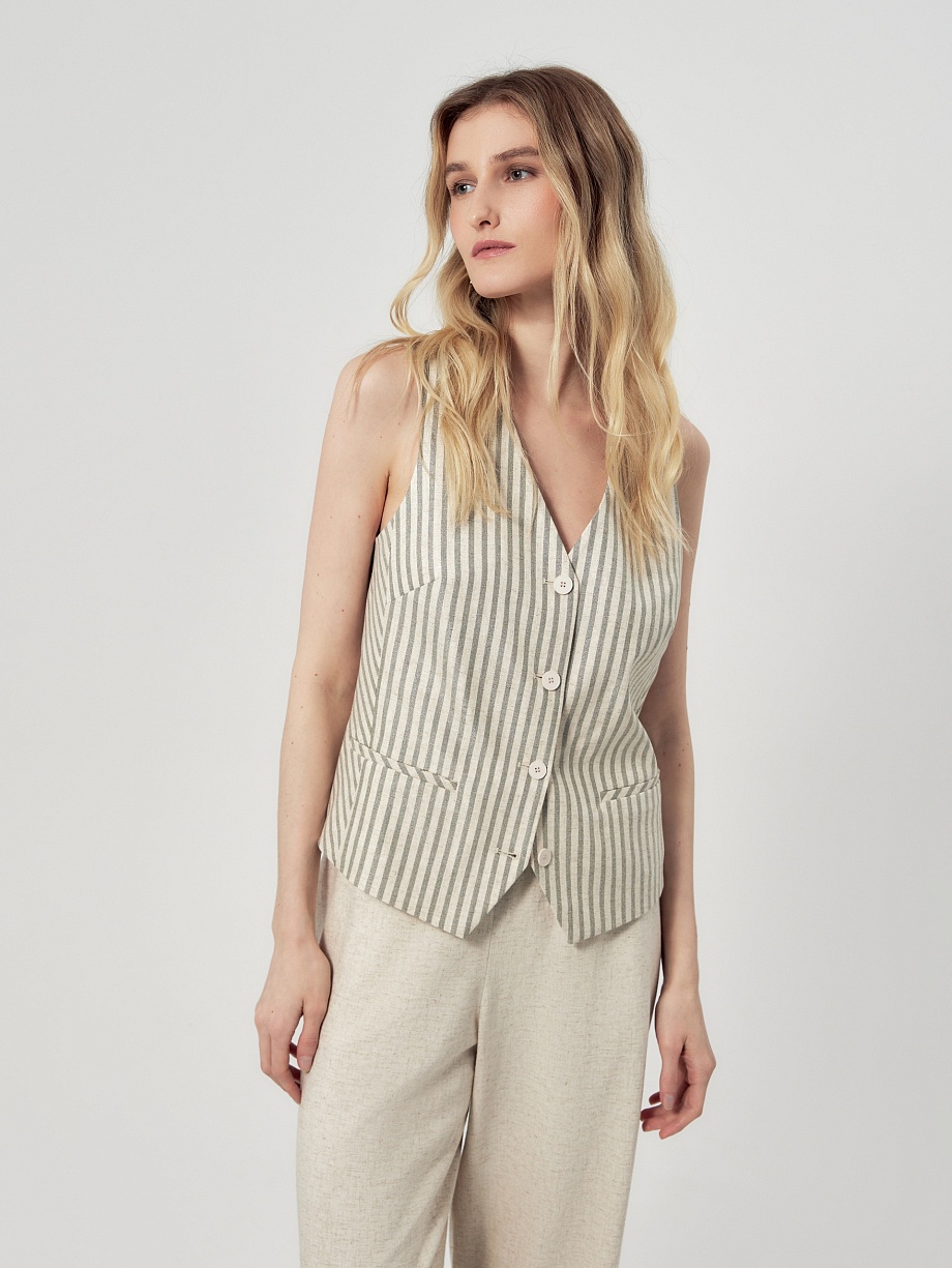 Полосатый жилет из вискозы и льна