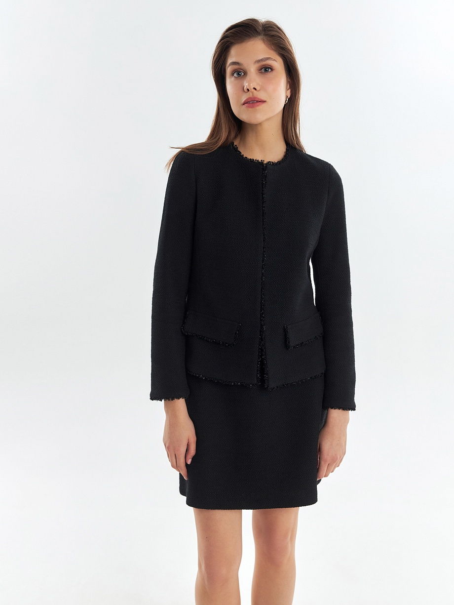 Прямой укороченный жакет из буклированной хлопковой ткани