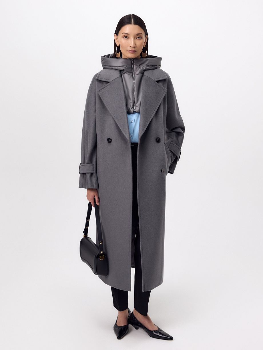 Пальто из шерсти с мембраной, утеплённой спинкой и съёмным капюшоном