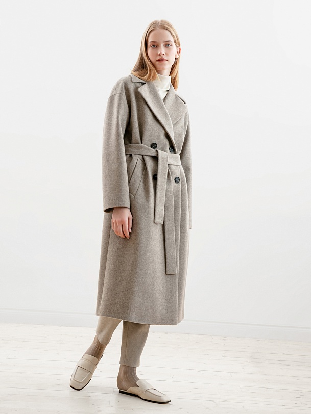 Двубортное шерстяное пальто с поясом и мембраной