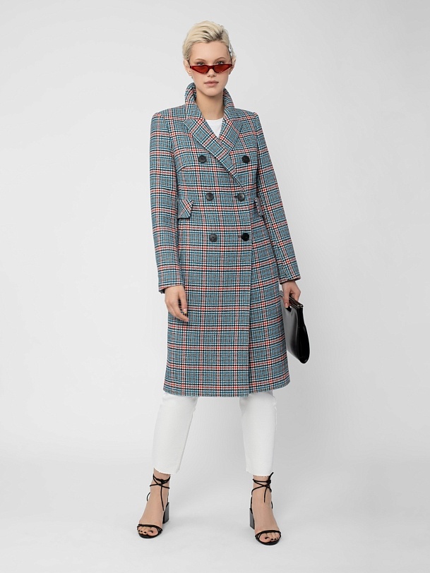 Двубортное шерстяное пальто в клетку