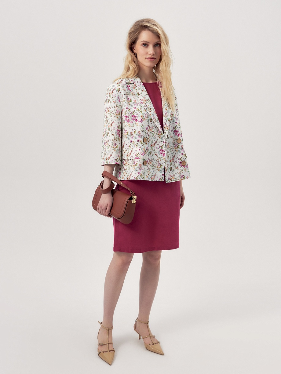 Укороченный двубортный жакет из хлопка и льна