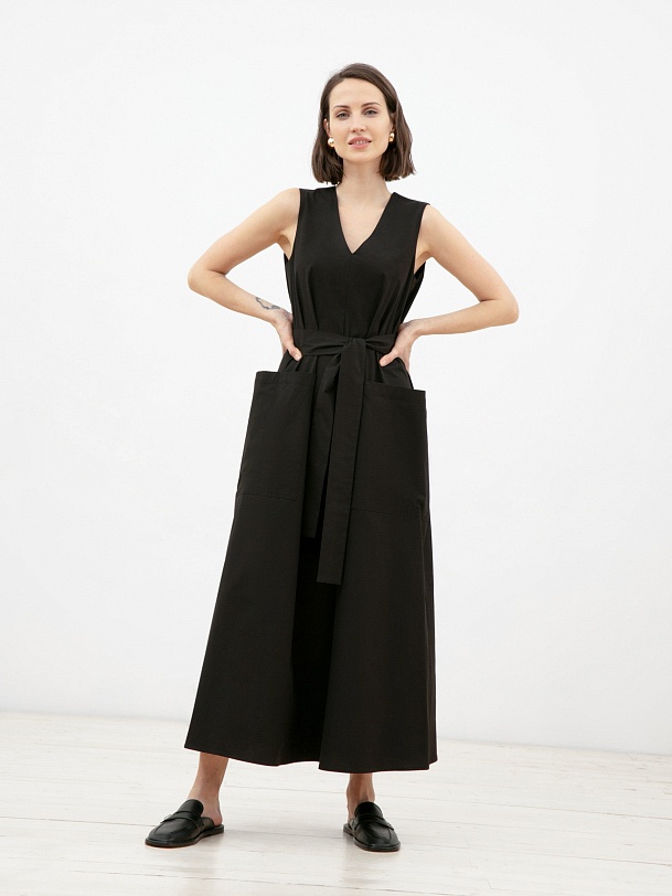 Платье летнее черное без рукавов с поясом