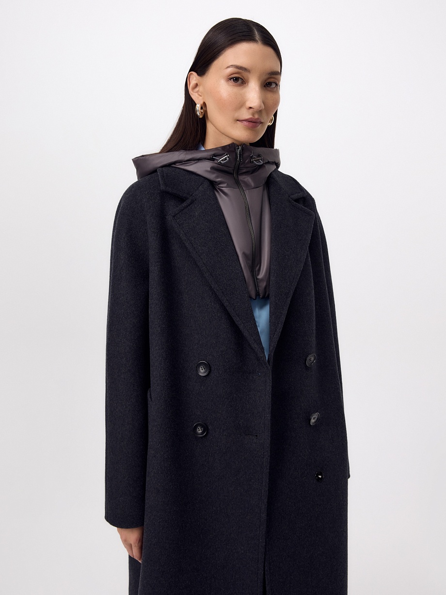 Пальто из шерсти с мембраной, утеплённой спинкой и съёмным капюшоном