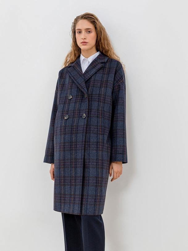 Двубортное шерстяное пальто в клетку с мембраной