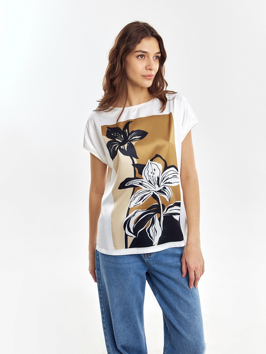 Хлопковая футболка с полочкой из атласной ткани