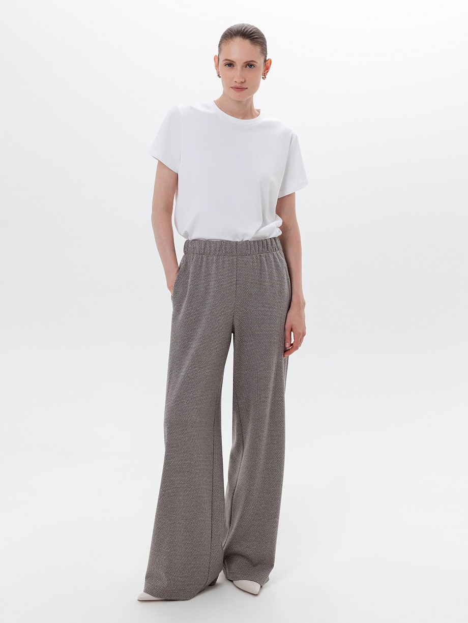 Широкие брюки на эластичном поясе с принтом "пье-де-пуль"