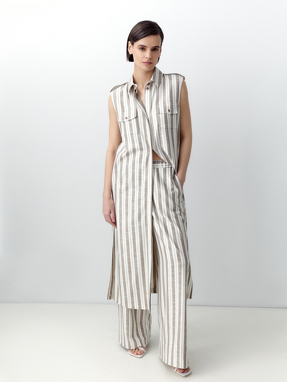 Летние брюки в полоску с поясом на резинке