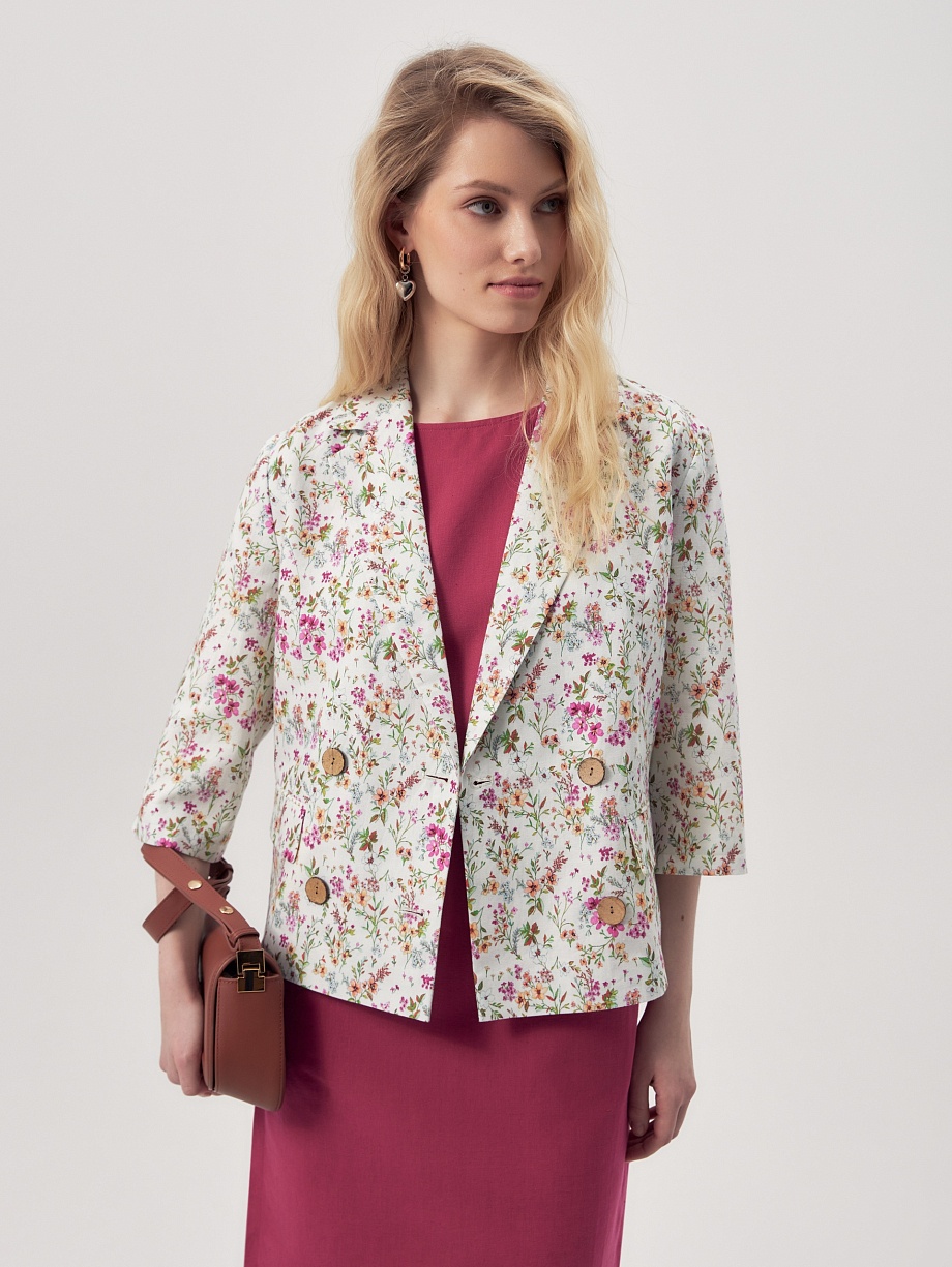 Укороченный двубортный жакет из хлопка и льна