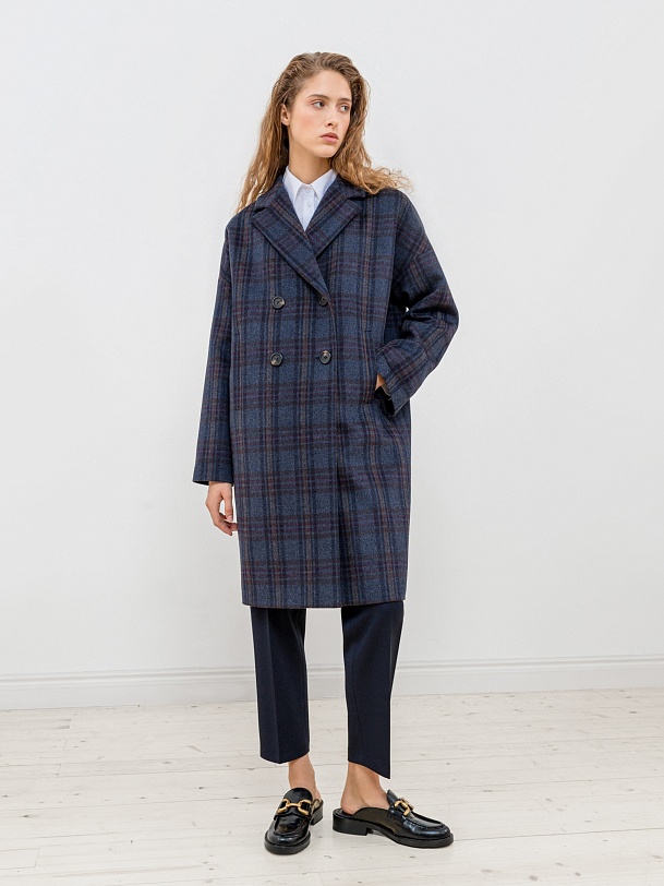 Двубортное шерстяное пальто в клетку с мембраной