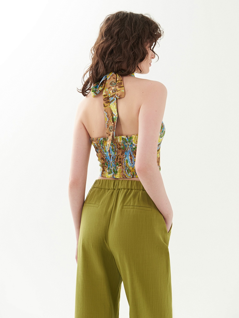 Летний открытый топ из натуральной ткани с завязками на шее 