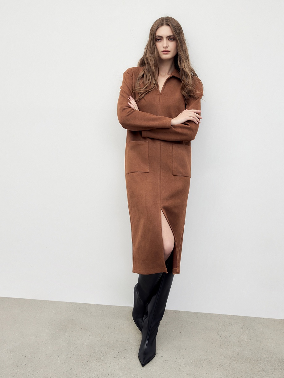 Прямое платье-миди из искусственной замши