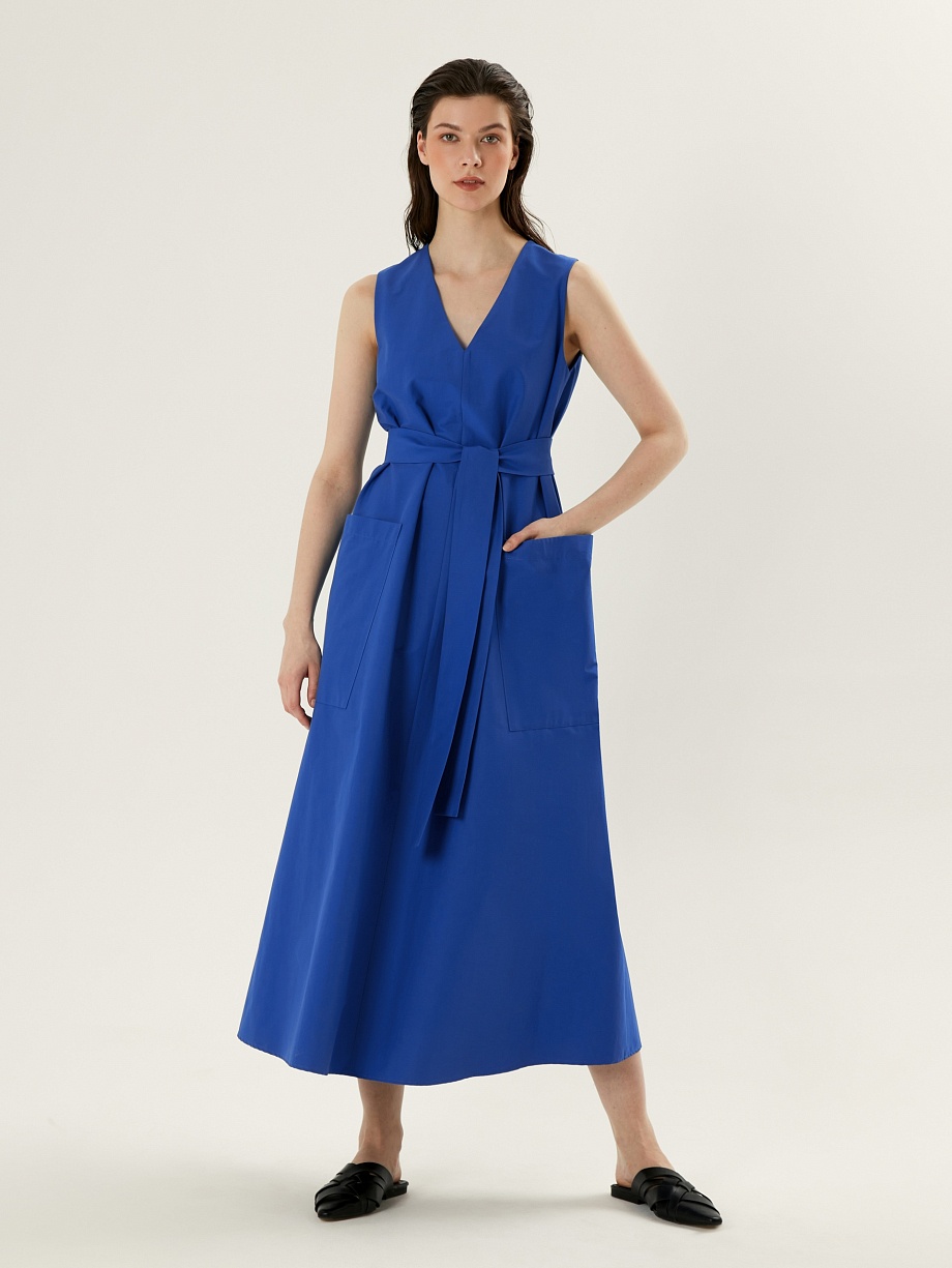 Свободный хлопковый сарафан с накладными карманами