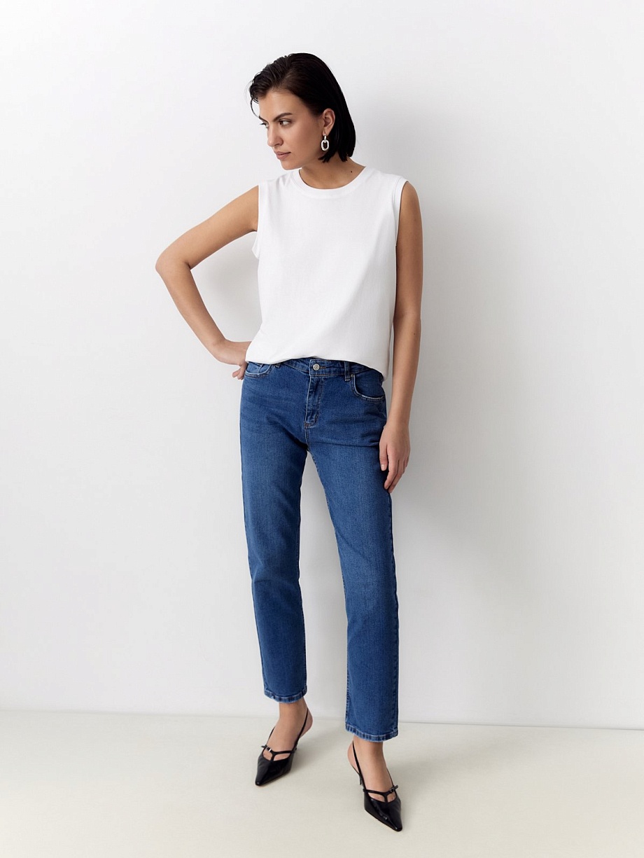 Прямые хлопковые джинсы на высокой талии