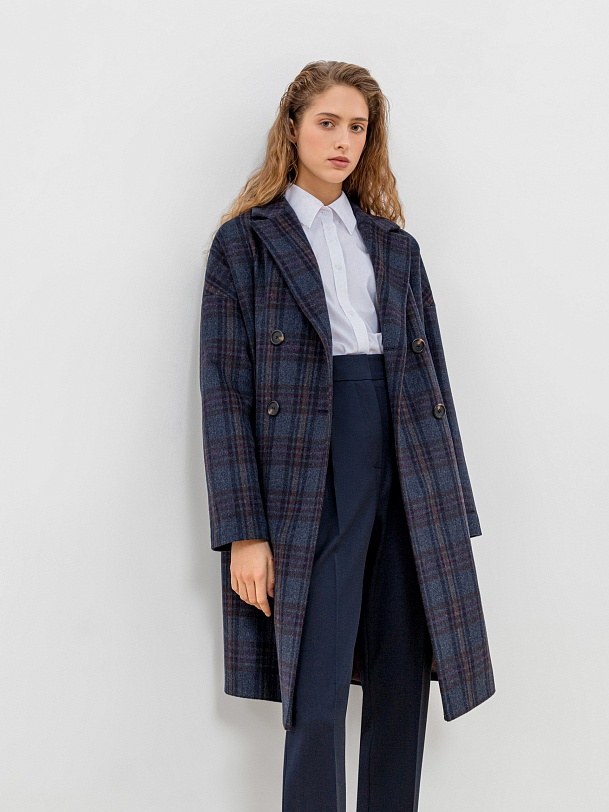 Двубортное шерстяное пальто в клетку с мембраной