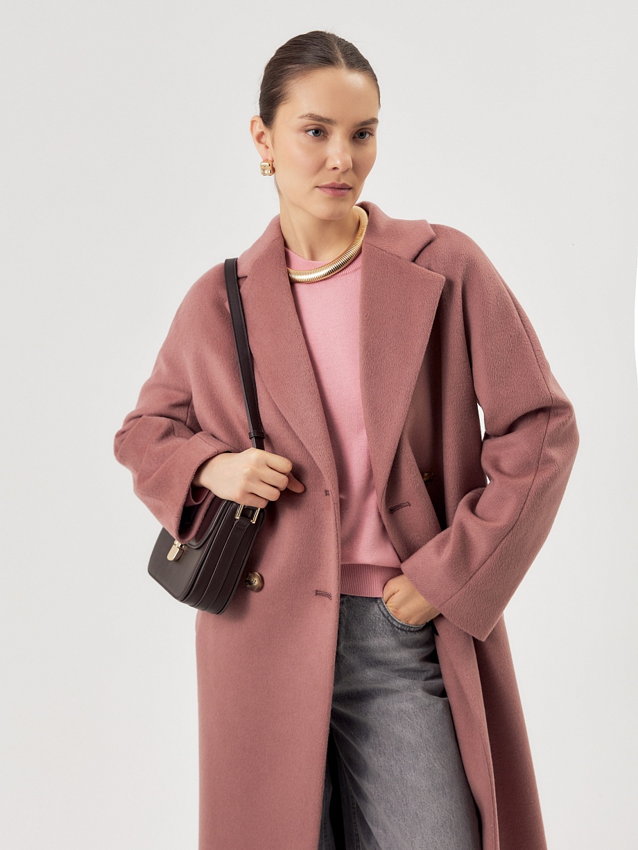Двубортное шерстяное пальто силуэта удлиненый кокон