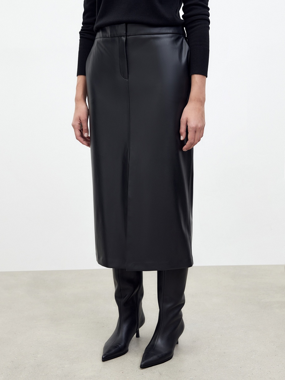 Юбка миди из экокожи с разрезом