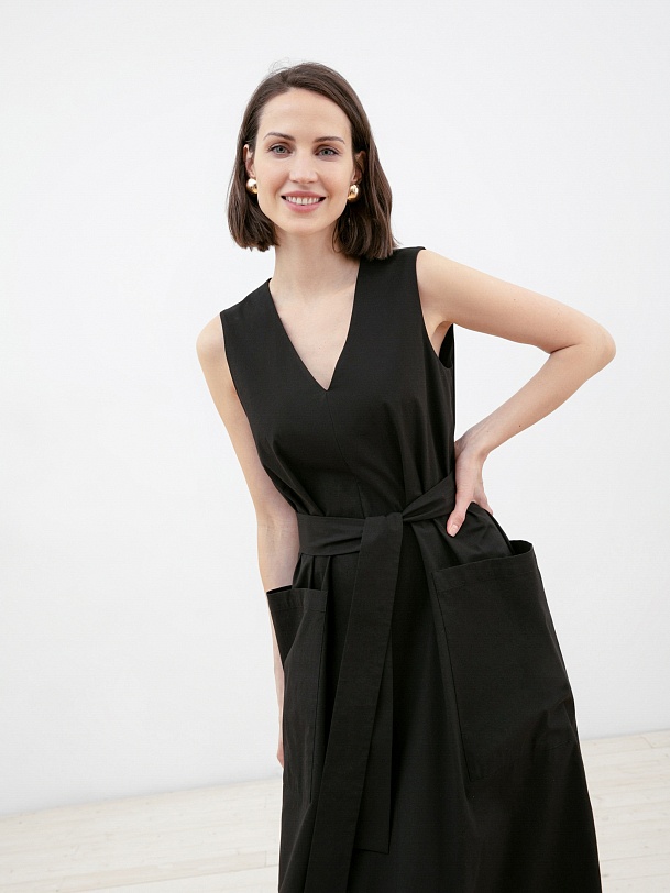 Платье летнее черное без рукавов с поясом