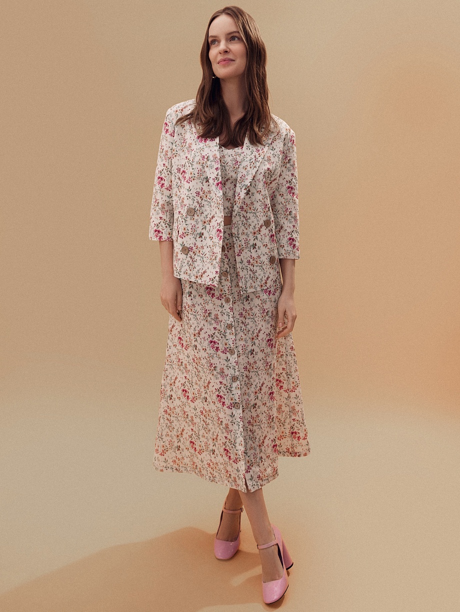 Юбка-трапеция из хлопка и льна на пуговицах