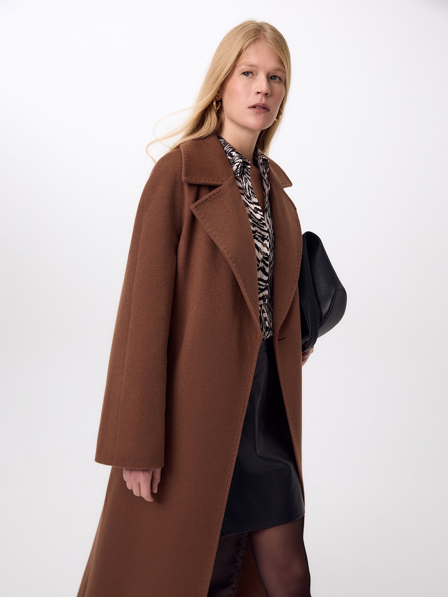 Пальто-халат из шерсти с декоративной ручной отстрочкой