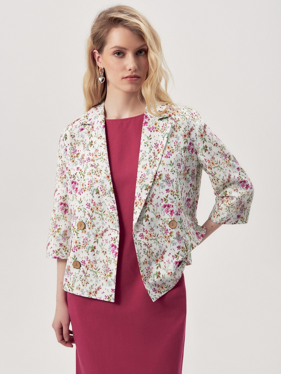 Укороченный двубортный жакет из хлопка и льна