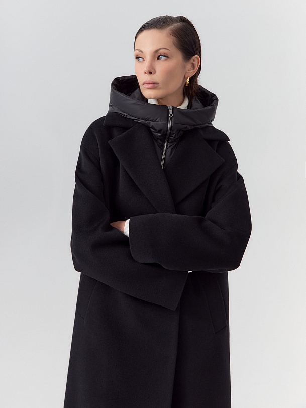 Пальто из 100% шерсти с мембраной и съёмным капюшоном