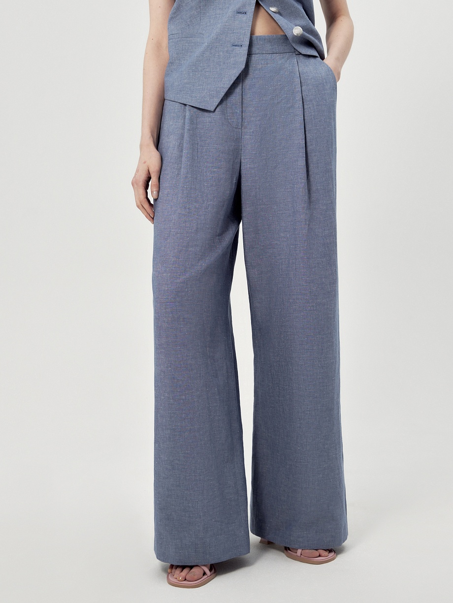 Широкие брюки со складками из хлопка и льна