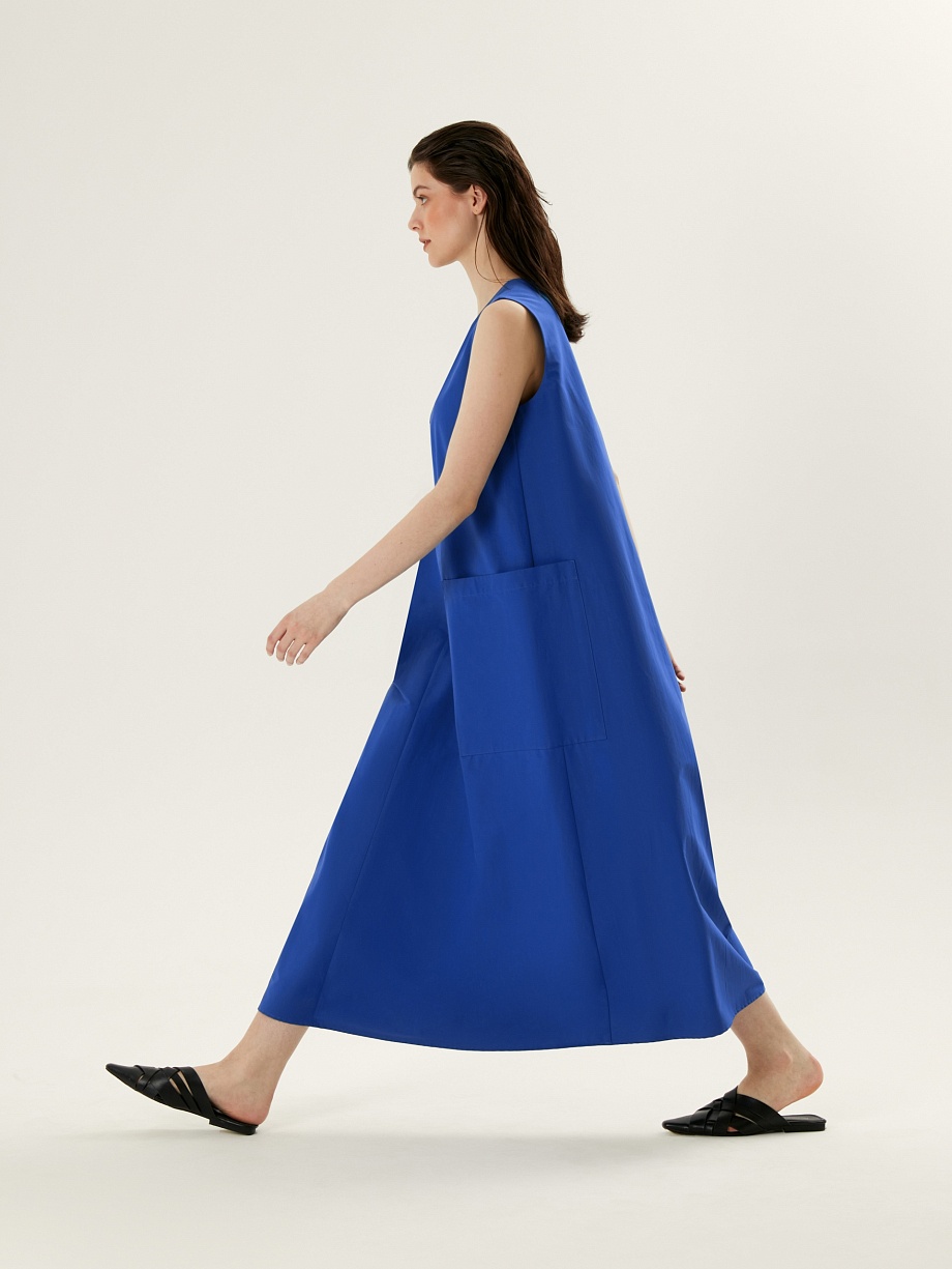 Свободный хлопковый сарафан с накладными карманами