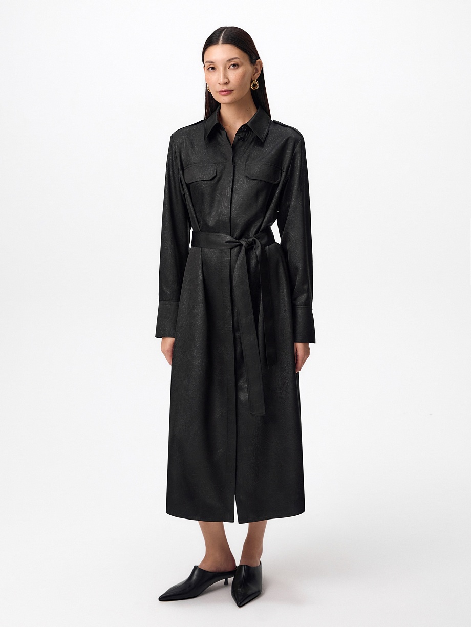 Платье-рубашка из фактурного атласа