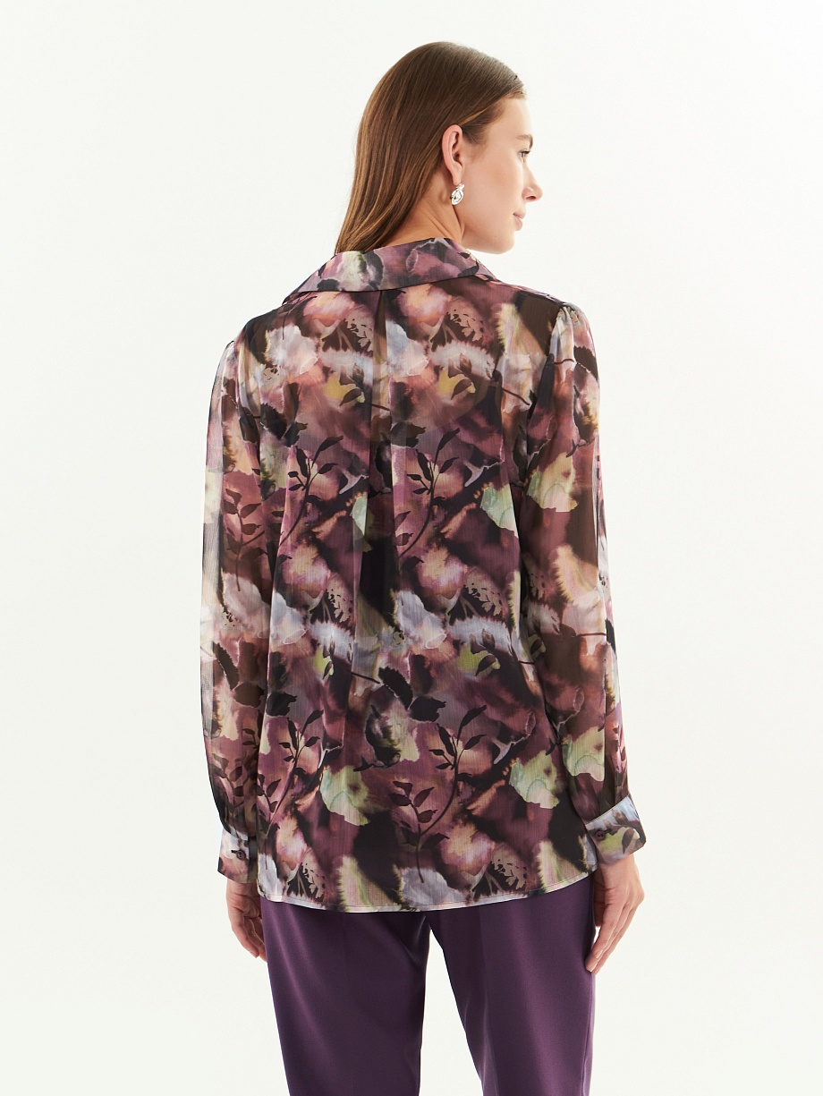 Прямая блуза из тонкого шифона с растительным принтом