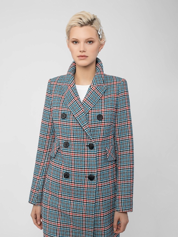 Двубортное шерстяное пальто в клетку