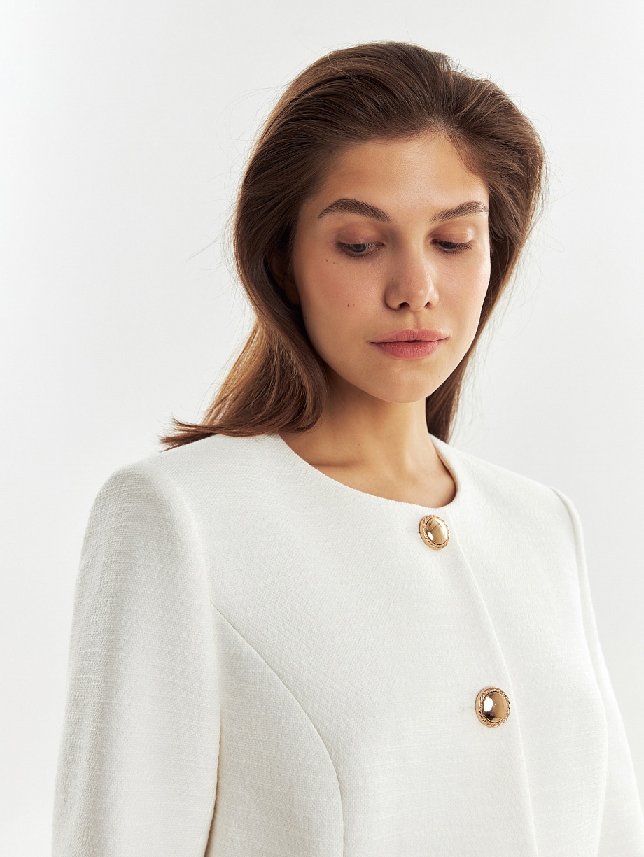 Укороченный хлопковый жакет из белого твида